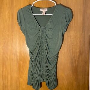 Y2K Olive Green Short Sleeve VNeck Stretchy Ruched Form Fitting Blouse